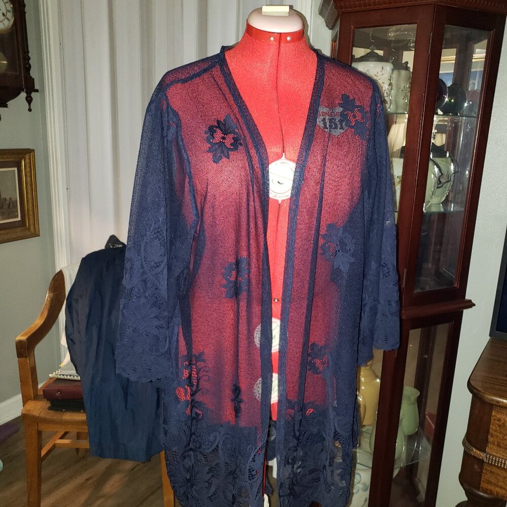 Maurices Long Sheer Open Front Cover Up Women Size 1X Embroidered Flowers